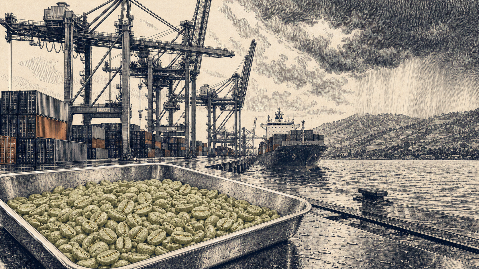 Helle grünliche Rohkaffeebohnen in einer Edelstahl-Probenwanne am modernen Containerterminal; dahinter Kräne, Container, ein wartendes Frachtschiff und Kaffeehänge unter Regenwolken.