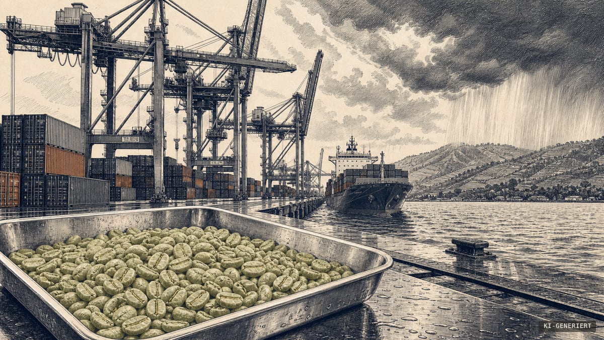 Helle grünliche Rohkaffeebohnen in einer Edelstahl-Probenwanne am modernen Containerterminal; dahinter Kräne, Container, ein wartendes Frachtschiff und Kaffeehänge unter Regenwolken.
