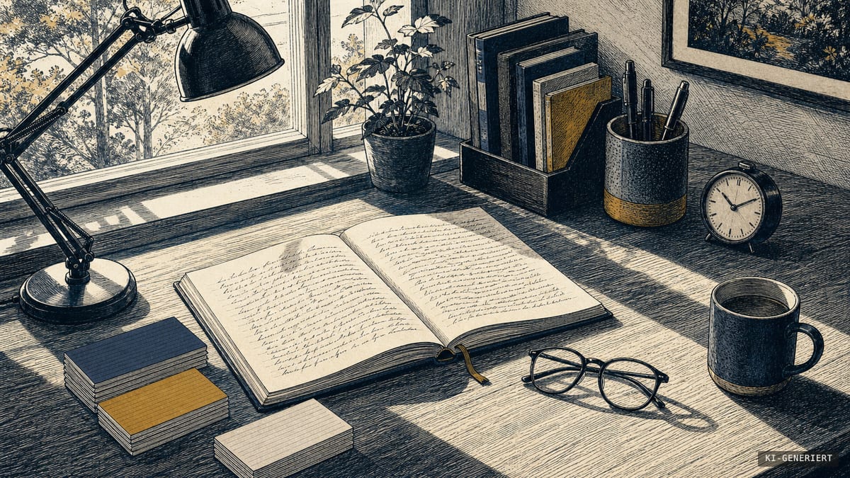 Tuschezeichnung eines Schreibtischs mit geöffnetem Notizbuch, Brille, Karteikarten und Uhr im Morgenlicht.