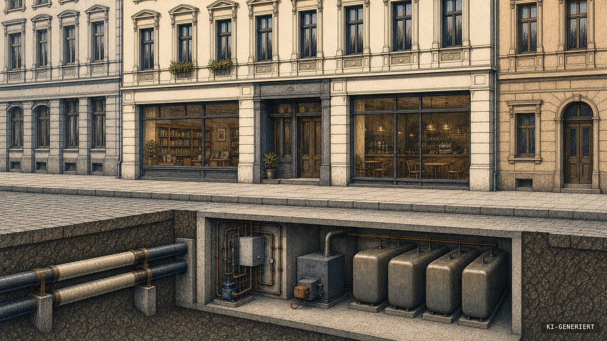 Historische Altstadtzeile mit Buchhandlung und Café; im Schnitt darunter Fernwärmeübergabe, Ölbrenner und vier Öltanks.
