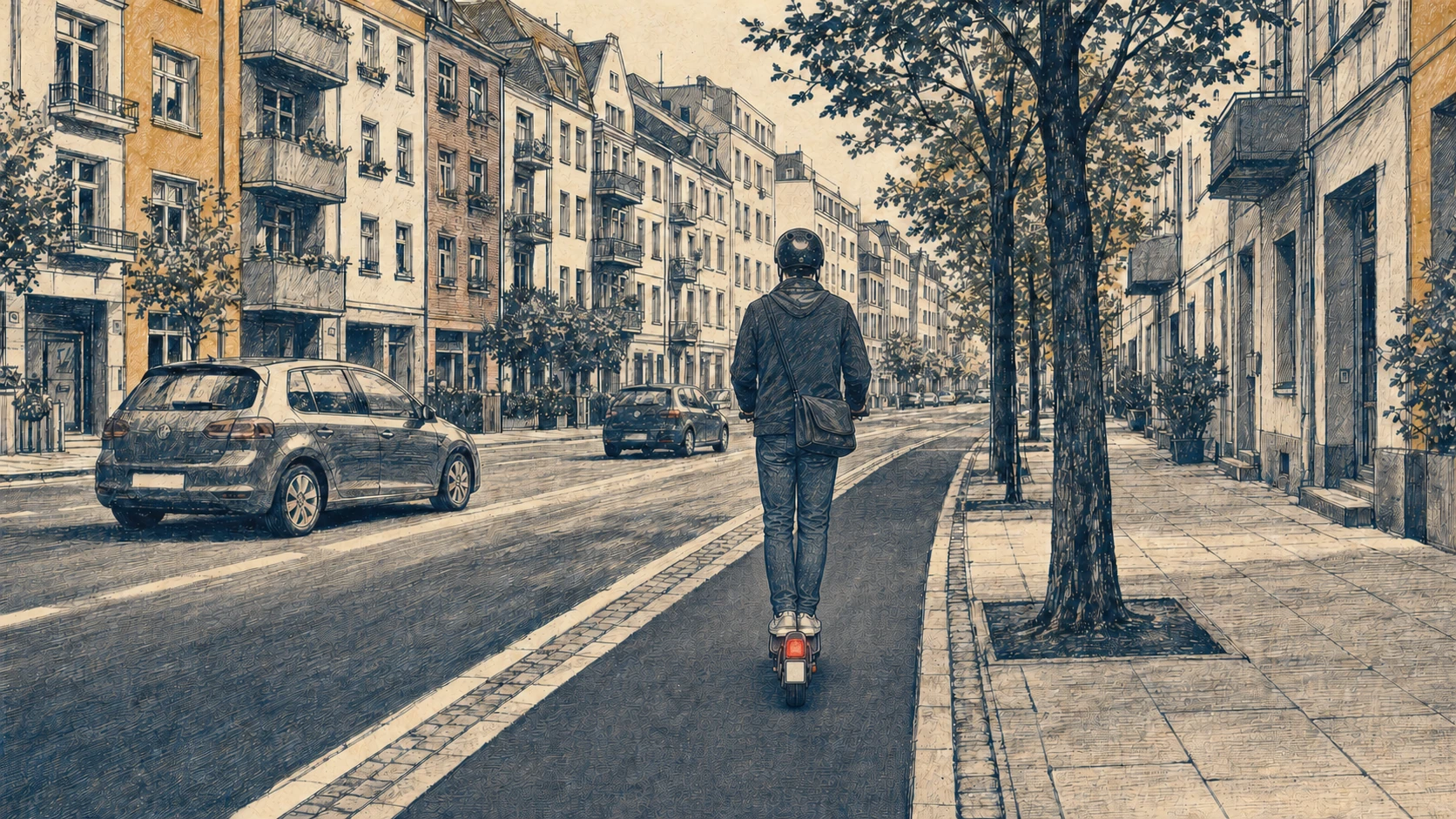 Tuschezeichnung einer deutschen Stadtstraße: Ein E-Scooter fährt gerade auf einer getrennten Radspur; am Heck sind ein rotes Rücklicht und ein rechteckiges Versicherungskennzeichen sichtbar.