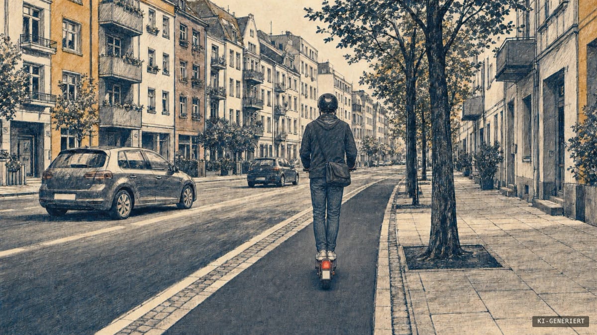 Tuschezeichnung einer deutschen Stadtstraße: Ein E-Scooter fährt gerade auf einer getrennten Radspur; am Heck sind ein rotes Rücklicht und ein rechteckiges Versicherungskennzeichen sichtbar.