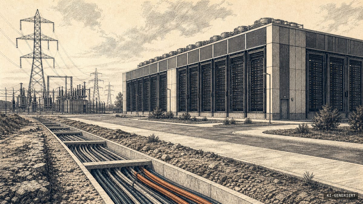 Tuschezeichnung eines Rechenzentrums neben Umspannwerk und Stromleitungen; im Vordergrund liegen Glasfaserkabel in einer offenen Kabelrinne.