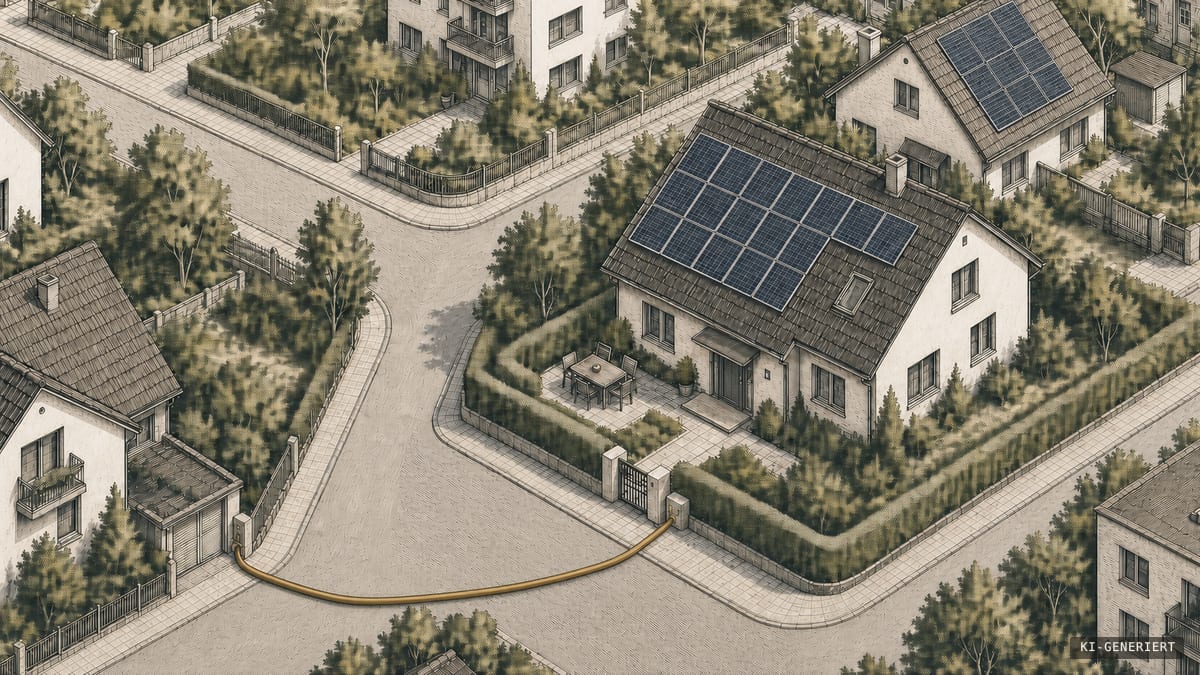 Helle Vogelperspektive auf ein Wohngebiet, in dem ein kräftiges bronzefarbenes Stromkabel ein Haus ohne Solardach mit dem Anschlusskasten am Gartentor eines PV-Hauses verbindet.