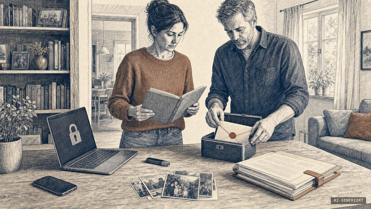 Zwei Angehörige ordnen an einem Tisch Fotos, Unterlagen, ein gesperrtes Notebook, ein Smartphone und einen versiegelten Umschlag für digitale Zugangsdaten.