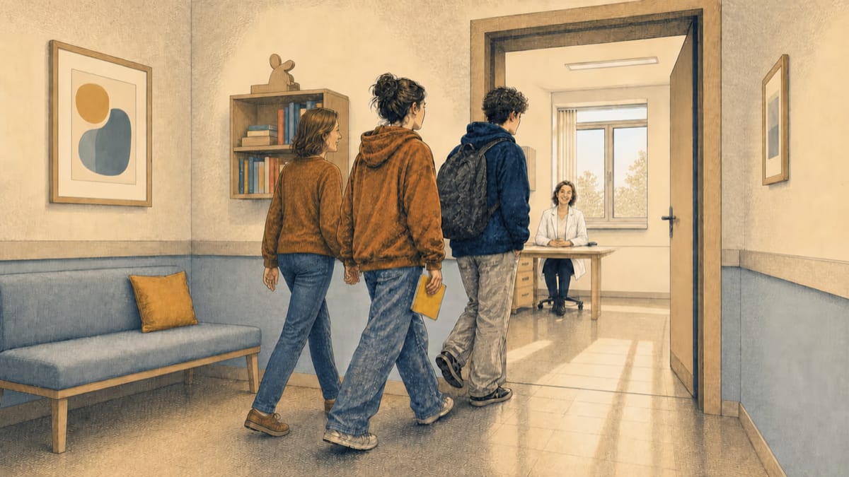 Drei Jugendliche gehen durch das Wartezimmer einer Arztpraxis auf eine Ärztin im schlichten weißen Kittel zu.