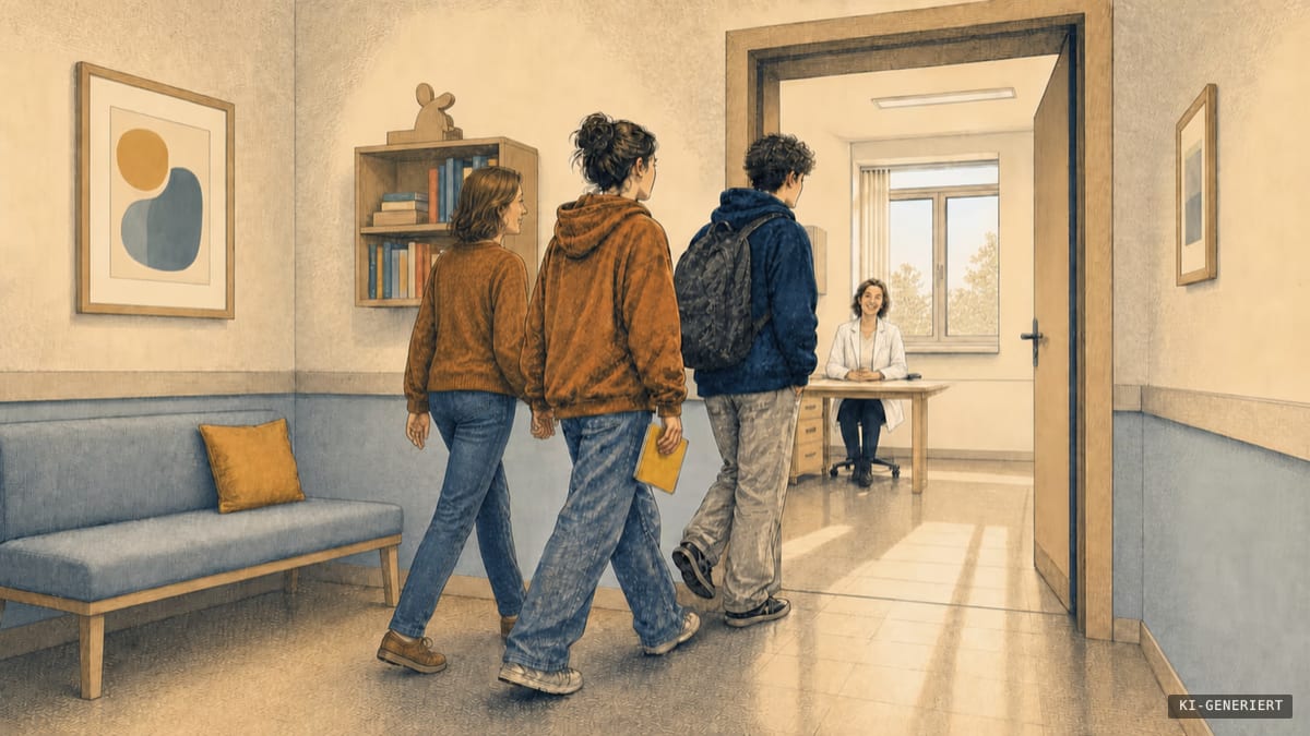 Drei Jugendliche gehen durch das Wartezimmer einer Arztpraxis auf eine Ärztin im schlichten weißen Kittel zu.