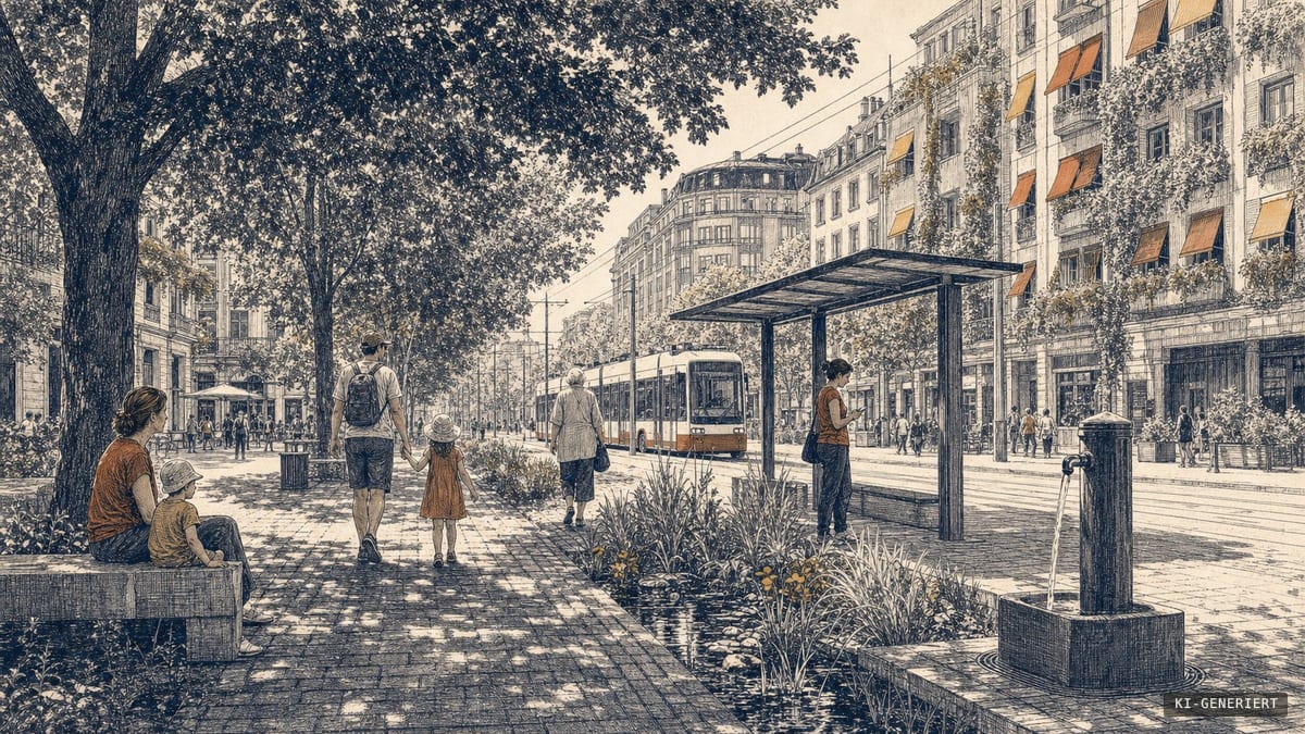 Schattige, baumreiche Innenstadt mit Menschen, Straßenbahn, Trinkbrunnen und Regenbeet an einem heißen Sommertag.