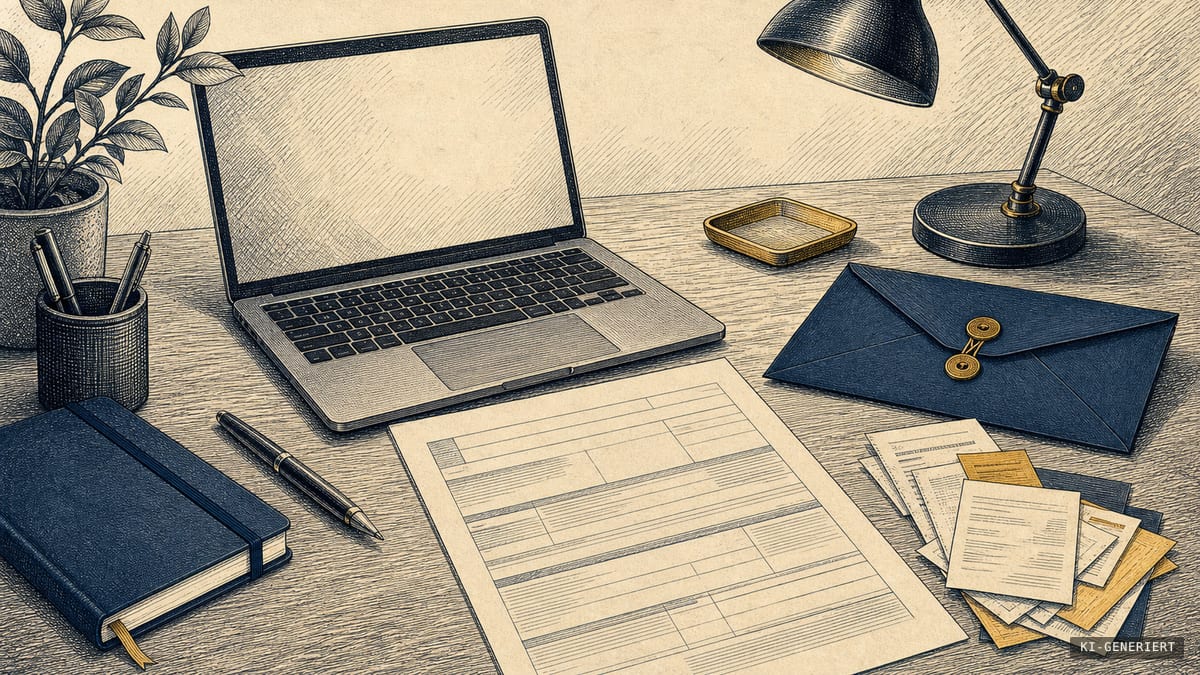 Tuscheillustration eines Schreibtischs mit Laptop, Formular, Umschlag und geordneten Belegen.
