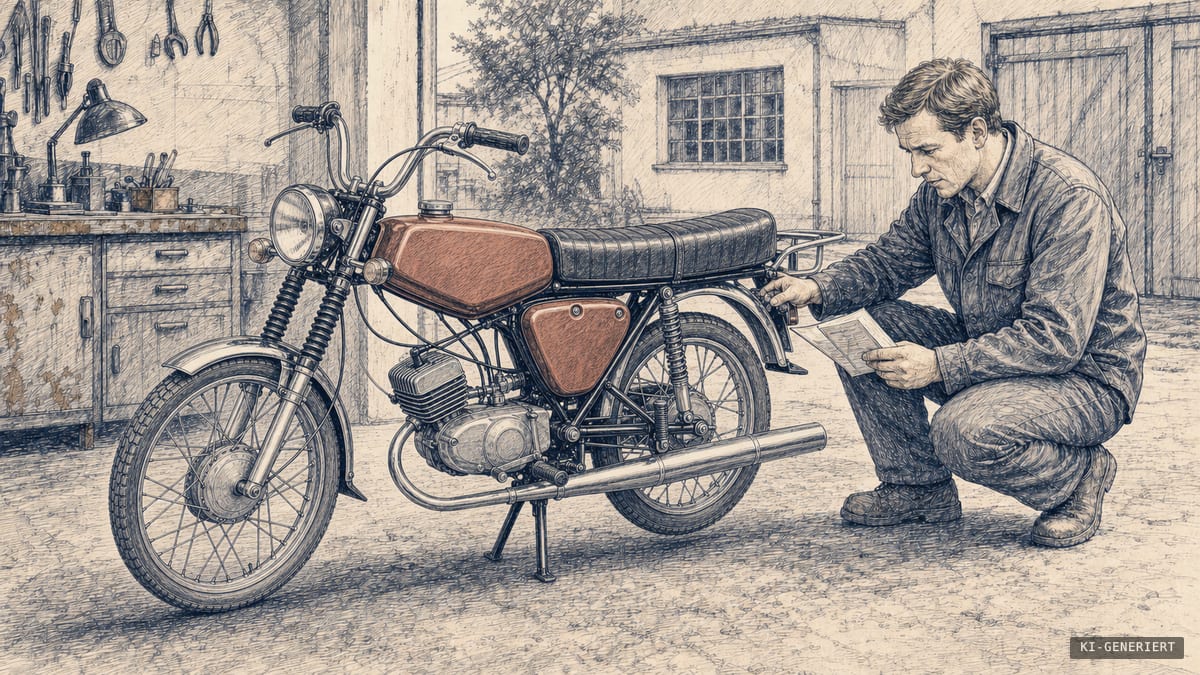 Eine Prüfperson kontrolliert die Fahrzeugpapiere einer klar erkennbaren Simson S51 in einem hellen Werkstatthof.