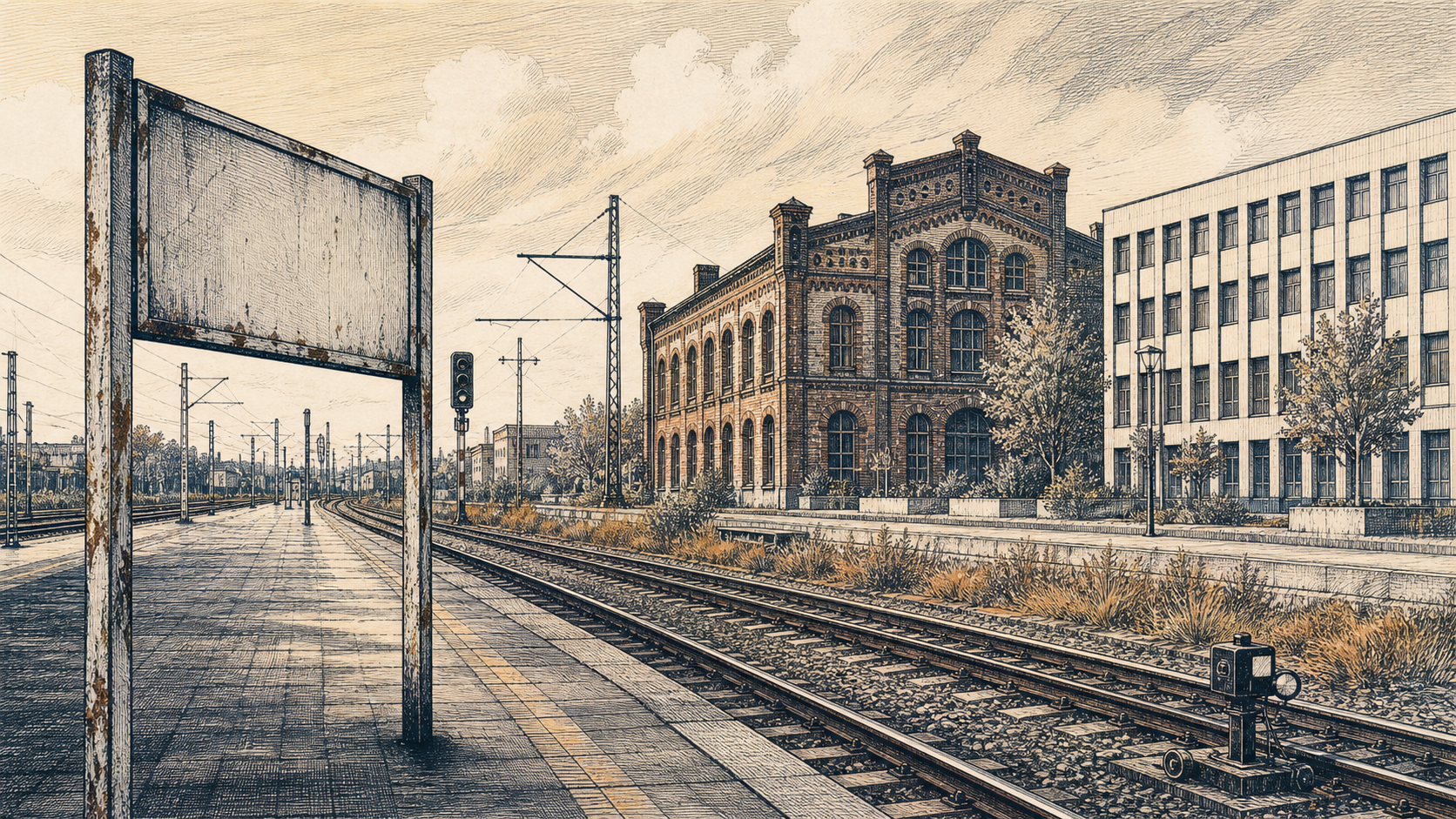 Bahntrassen zwischen einem ehemaligen Industrieareal und modernen Bürogebäuden in einer ostdeutschen Stadtlandschaft.