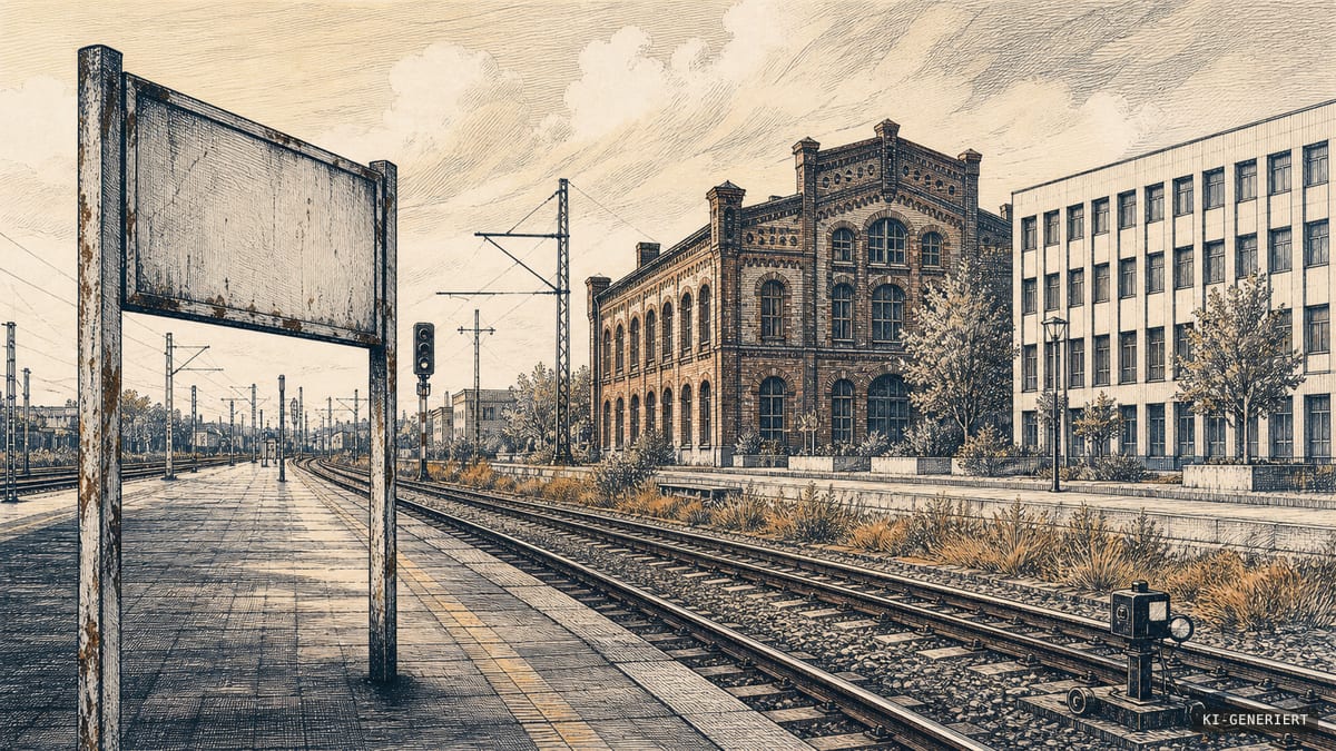 Bahntrassen zwischen einem ehemaligen Industrieareal und modernen Bürogebäuden in einer ostdeutschen Stadtlandschaft.