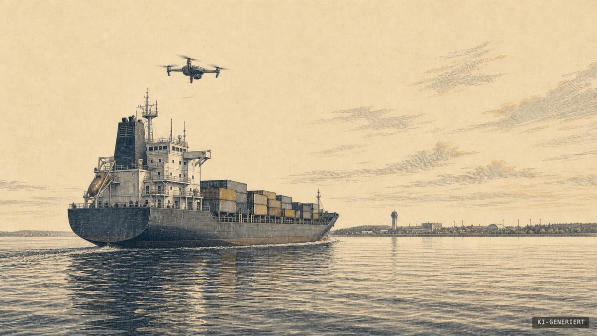 Helle redaktionelle Tusche- und Radierungszeichnung eines Frachtschiffs auf ruhiger Ostsee, über dessen Heck eine kleine Drohne aufsteigt; am Horizont liegen Küstenlinie und Flughafentower.