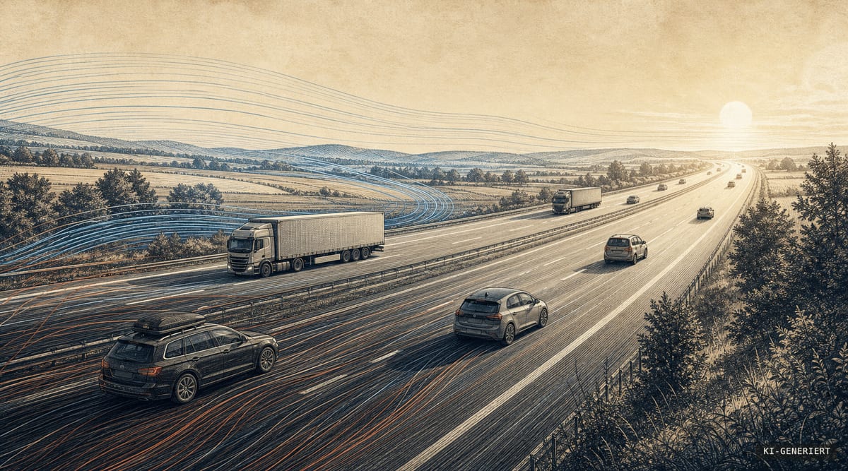Illustration einer deutschen Autobahn im Morgenlicht mit ruhig fahrenden Autos, Lastwagen und feinen blauen sowie rostfarbenen Energielinien über der Landschaft.