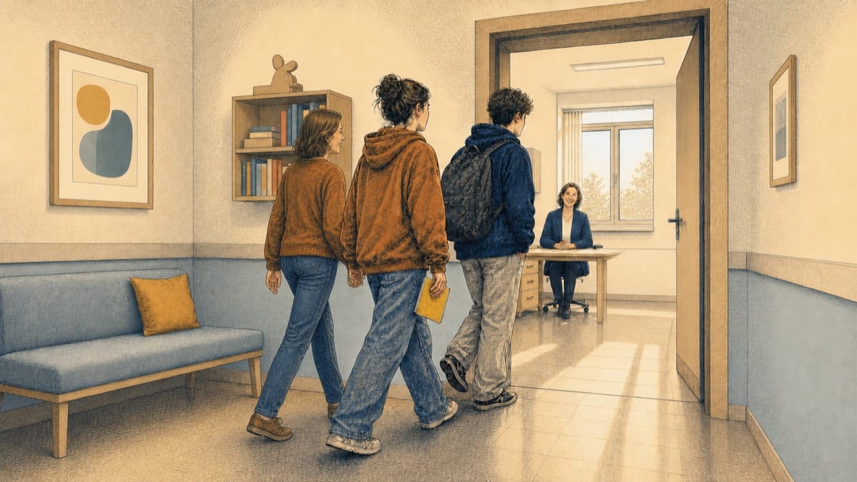 Tuschzeichnung einer Mutter, die gemeinsam mit zwei Jugendlichen und einem gelben Impfausweis eine helle Jugendpraxis betritt. Im Sprechzimmer begrüßt sie eine Ärztin.