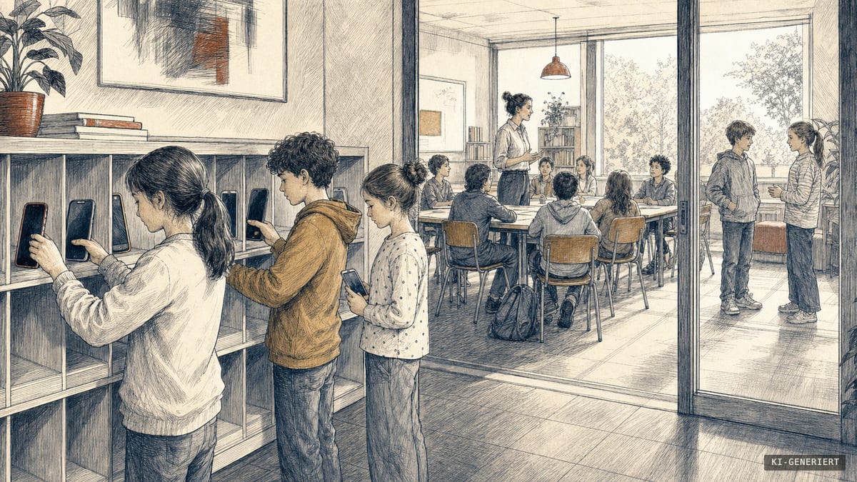 Schülerinnen und Schüler legen Smartphones in Fächer, während im hellen Klassenraum eine Gesprächsrunde beginnt.