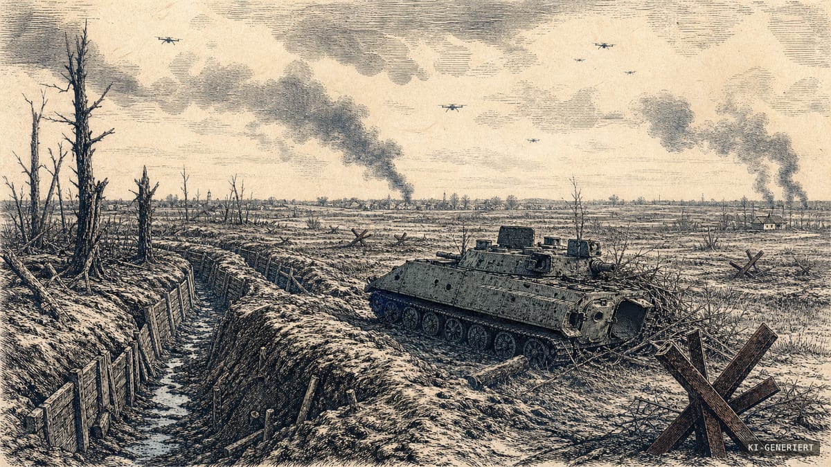 Kupferstichartige Kriegslandschaft mit Schützengraben, zerstörten Bäumen, gepanzertem Kettenfahrzeug, Drohnen und Rauchwolken über einem fernen Dorf auf warmem Papiergrund.