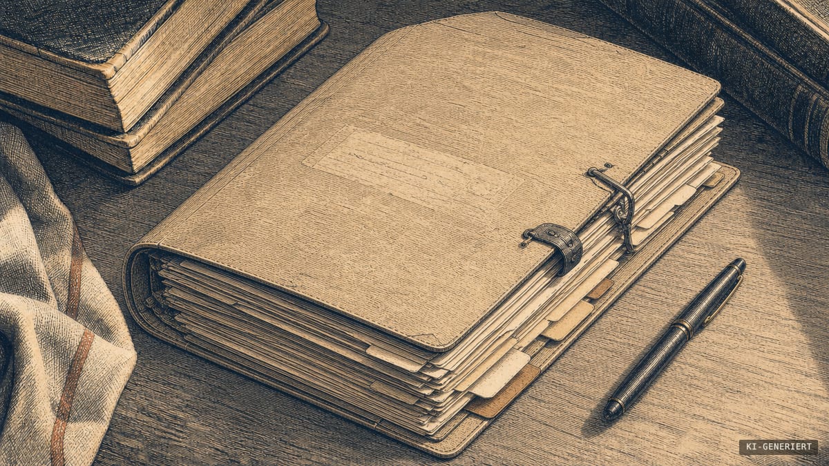 Tuschezeichnung einer dicken, gefüllten Büroakte auf einem Archivtisch mit einem dunklen Füller; der Vermerk auf der Akte ist unleserlich.