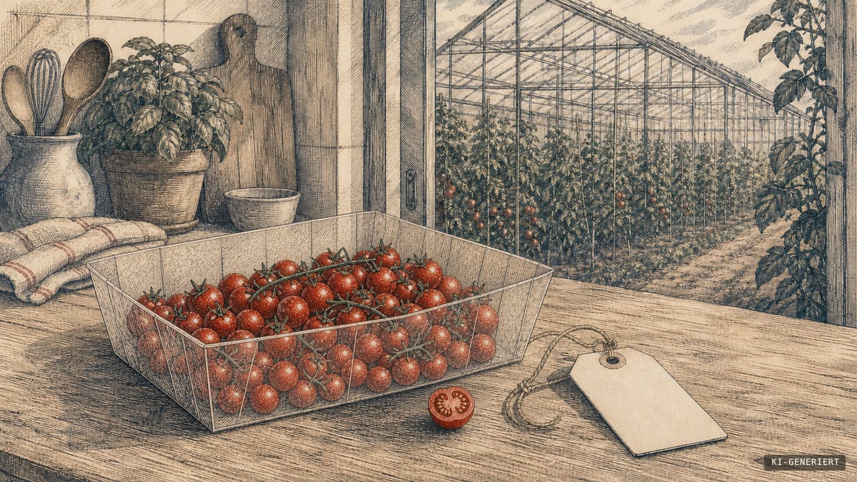 Zahlreiche deutlich kleine Snacktomaten in einer neutralen Schale auf einem Holztisch, dahinter ein Gewächshaus mit Tomatenpflanzen; ruhige Tusche- und Radierungsillustration.