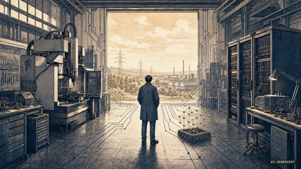 Tusche- und Radierungsillustration einer Person in einer Industriehalle zwischen Fräsmaschine und Serverracks; rechts am Boden steht ein vernetzter Rechenkern, dahinter Strommasten und Fabriken in einer offenen Landschaft.