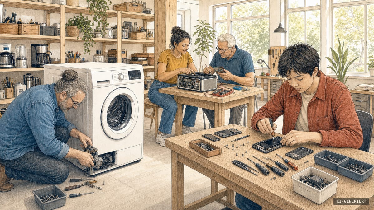 Unterschiedlich gekleidete Mitglieder eines Reparaturvereins reparieren in einer hellen Werkstatt gemeinsam eine Waschmaschine, ein Smartphone und ein Radio.
