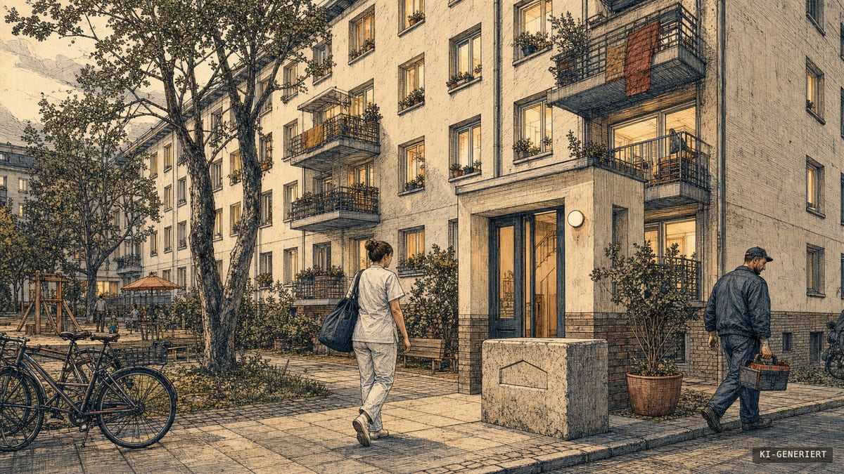 Tuschezeichnung eines ruhigen Wohnhofs mit viergeschossigem Wohnhaus, Bäumen, Fahrrädern und zwei Menschen auf dem Heimweg.