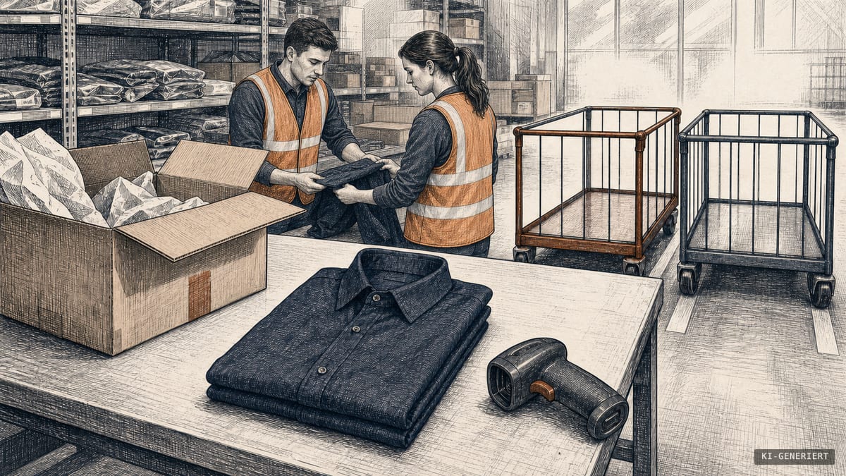 Zwei Mitarbeitende prüfen am Retourentisch ein dunkelblaues Hemd; sie tragen orange Warnwesten, neben ihnen stehen ein geöffnetes Paket und zwei Rollwagen für Warenwege.